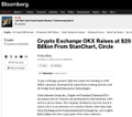 A Bloomberg news article titled "Crypto Exchange OKX Raises at $25 Billion From Blackstone, Circle" is visible, reporting on OKX's funding round with investors that the post notes also includes Ripple alongside other major firms like ICE, Circle, and Standard Chartered.