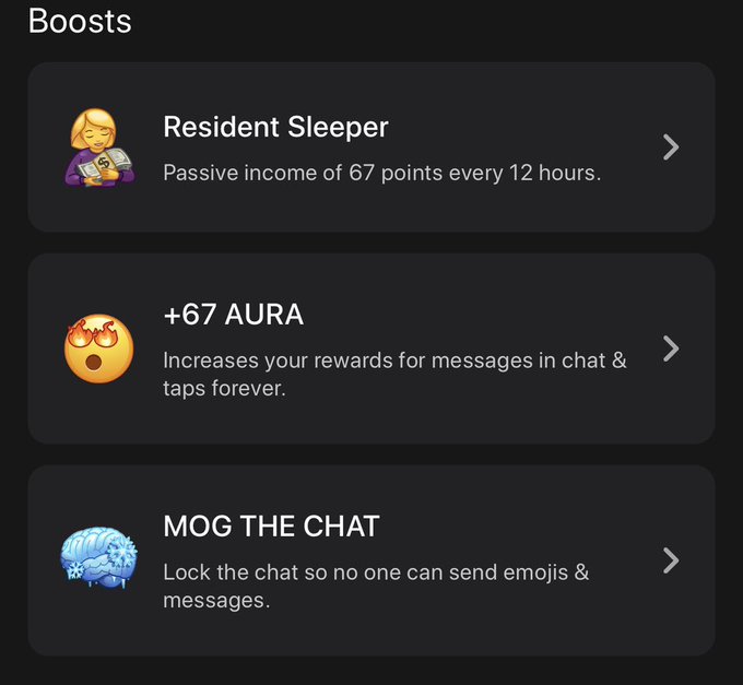 A 'Boosts' menu interface lists three options: 'Resident Sleeper' for passive income of 67 points every 12 hours, '+67 AURA' to increase chat rewards, and 'MOG THE CHAT' to lock the chat from messages and emojis.