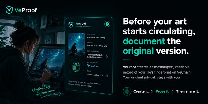A promotional graphic for VeProof, showing a woman working on a laptop with a digital certificate interface and the tagline 'Before your art starts circulating, document the original version,' explaining their VeChain-based fingerprint verification service.