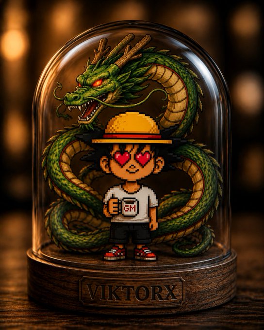 A pixel-art figurine of a character with heart-shaped eyes wearing a straw hat stands inside a glass dome with a green dragon, labeled "VIKTORX" on the wooden base.