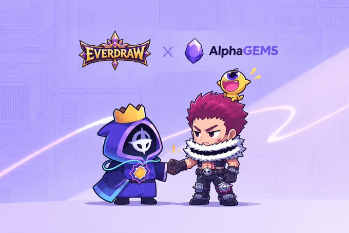 Promotional artwork for an Everdaw X AlphaGEMS collaboration, featuring a purple-robed hooded figure shaking hands with a red-haired warrior accompanied by a yellow one-eyed creature on a light purple background.
