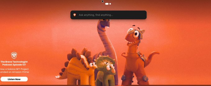 The image shows a Brave browser homepage featuring animated dinosaur characters with a search bar reading "Ask anything, find anything..." and an ad for "The Brave Technologist Podcast: Episode 137 - How a Solana NFT Project Landed on Amazon Prime" with a "Listen Now" button. The cartoon dinosaurs visually represent the "Claynosaurz" NFT collection mentioned in the post, while the podcast promotion ties into the broader context of NFT projects and their media ventures.