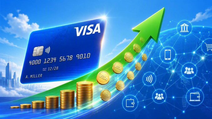 A promotional graphic showing a Visa credit card alongside stacks of coins and a green upward arrow, symbolizing financial growth against a blue digital network background.