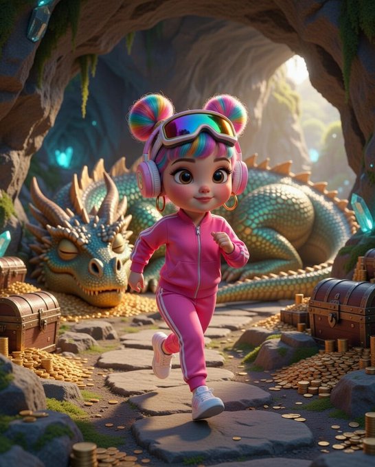The image features a cartoon girl running through an underground cave with a green dragon sleeping nearby. The girl appears to be wearing headphones while running, suggesting that she might be listening to music or a podcast during her run. The scene also includes several gold coins scattered around the area and a large rock formation in the background, adding to the overall atmosphere of the image.