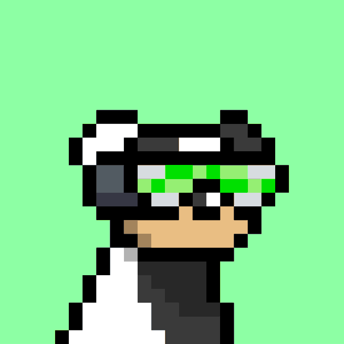Pixel art of a character wearing large green sunglasses against a green background.