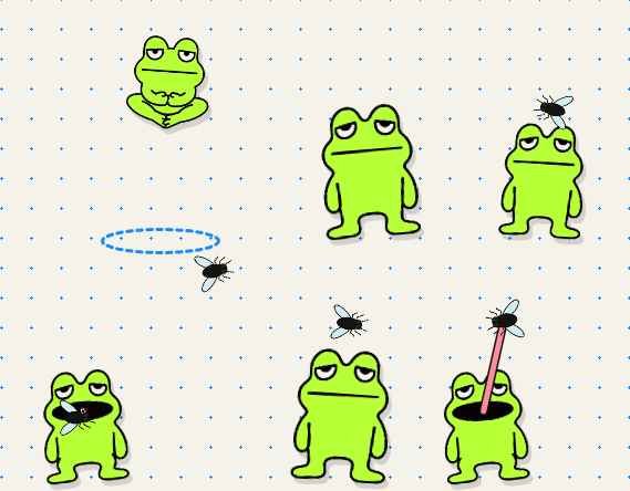 A whimsical illustration features six green frogs on a polka-dot background interacting with flies in various ways—eating them, catching them with tongues, or standing near them.