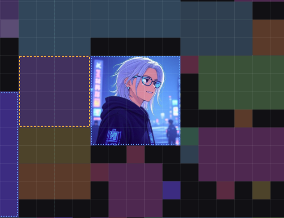 A pixel art image featuring a stylized portrait of a white-haired character with glasses in a hoodie, set against a dark grid background with purple and green blocks.