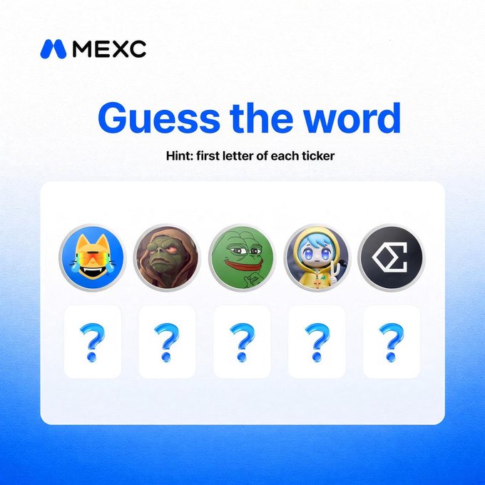 A MEXC 'Guess the word' puzzle displays five cryptocurrency/meme coin icons (a crying doge, a goblin face, a Pepe frog, an anime astronaut, and an Ethereum logo) with a hint to use the first letter of each ticker, showing question marks below.