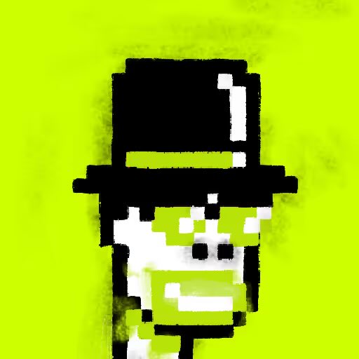 A pixelated digital art portrait of a figure wearing a black top hat against a bright neon yellow-green background.