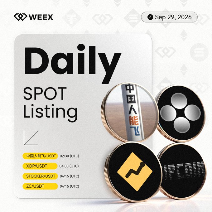 A WEEX promotional graphic for September 29, 2026, announcing daily spot listings of 中国人能飞/USDT at 02:30 UTC, XDP/USDT at 04:00 UTC, and STOCKER/USDT and ZC/USDT at 04:15 UTC, featuring physical-style coins representing each token alongside the WEEX logo.