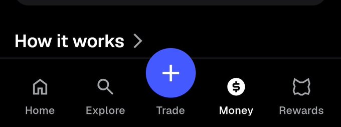 A dark navigation bar showing menu options "Home," "Explore," "Trade," "Money," and "Rewards," with "Trade" highlighted by a blue plus button, fitting a MetaMask app interface focused on its Money feature.