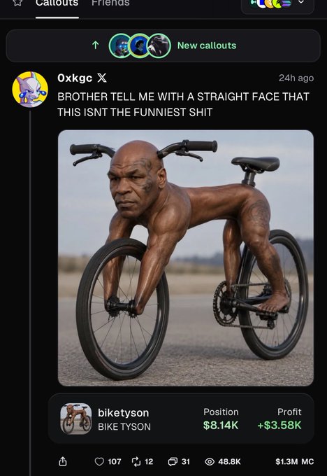 The image shows an AI-generated meme of a muscular Mike Tyson riding a bicycle with his face superimposed on the body, presented on what appears to be a Solana memecoin trading app. The post references the absurdity of a $1.3M market cap token called "BIKE TYSON" (biketyson) with a position value of $8.14K and +$3.58K profit, poking fun at the surreal nature of Solana's memecoin ecosystem.