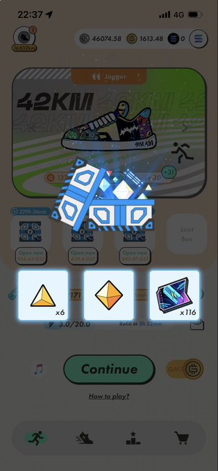 A mobile game screenshot showing a 'Jogger' sneaker card with '42KM' text, loot boxes, and various in-game rewards including gems and items.