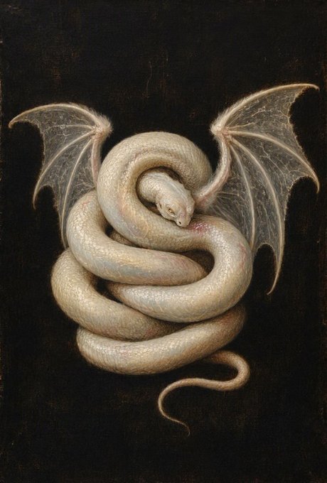 A classical oil painting showing a coiled snake with bat-like wings, rendered in pale, pearlescent tones against a dark background.