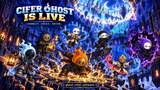 A fantasy promotional graphic reads 'CIFER GHOST IS LIVE - CONNECT. CHECK. ENTER.' with the URL 'ghost.cifer.network', featuring hooded ghost characters wielding magical symbols in a glowing castle setting.