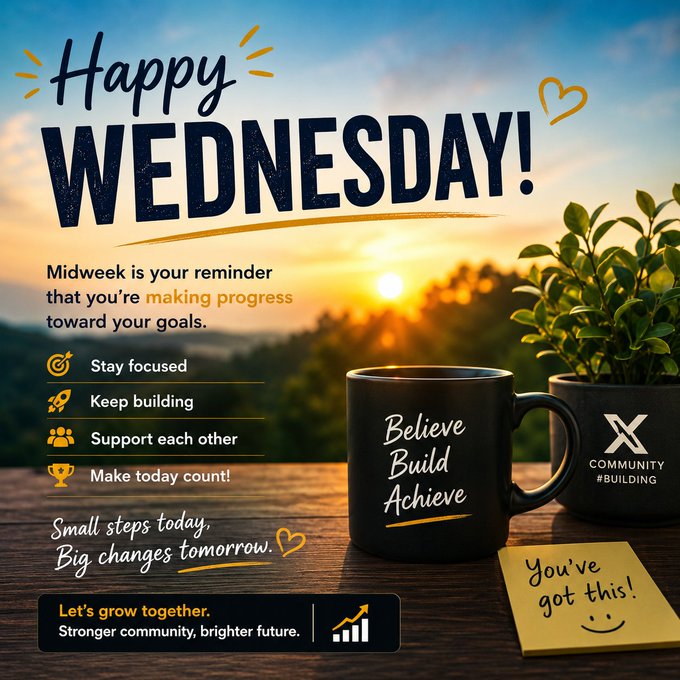 A motivational 'Happy Wednesday!' graphic featuring a sunset landscape, a black mug reading 'Believe Build Achieve,' and an 'X Community #BUILDING' logo, with tips to stay focused and keep building.