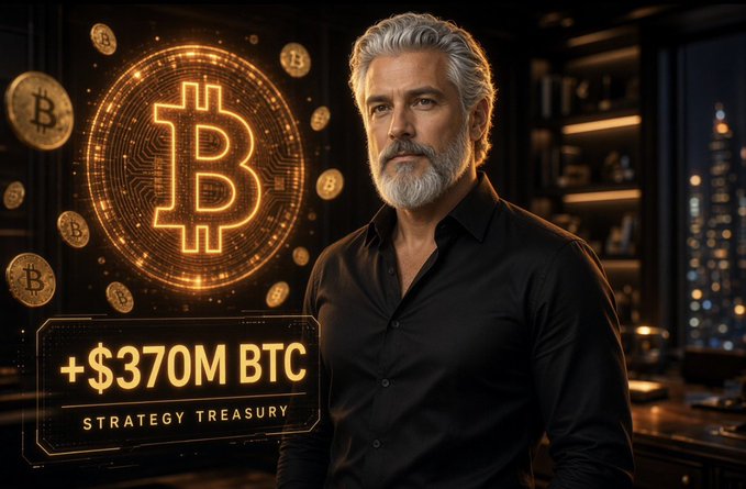 A stylized image of a silver-haired man in a black shirt standing next to a glowing orange Bitcoin symbol, with text reading '+$370M BTC STRATEGY TREASURY' against a backdrop of a dark library and a nighttime city skyline.