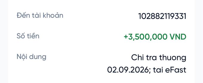 A Vietnamese payment notification showing a deposit ('Chi tra thuong') of +3,500,000 VND to account 102882119331 dated 02.09.2026 via eFast.