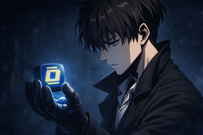An anime-style illustration of a dark-haired man in a black coat holding up a small glowing blue device with a yellow square symbol in a dark, atmospheric setting.