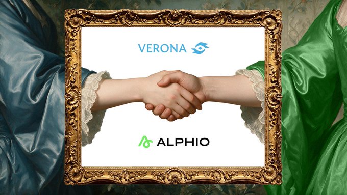 Two people shake hands across an ornate gold frame displaying the logos “VERONA” and “ALPHIO,” visually symbolizing Alphio’s agentic trading layer integration with Verona.