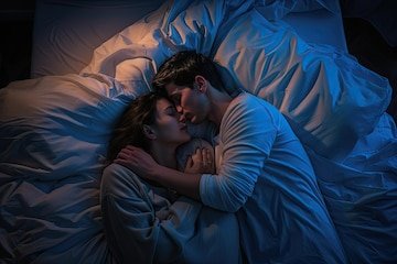 A couple embraces intimately in bed, covered by white sheets in dim, cool-toned lighting.
