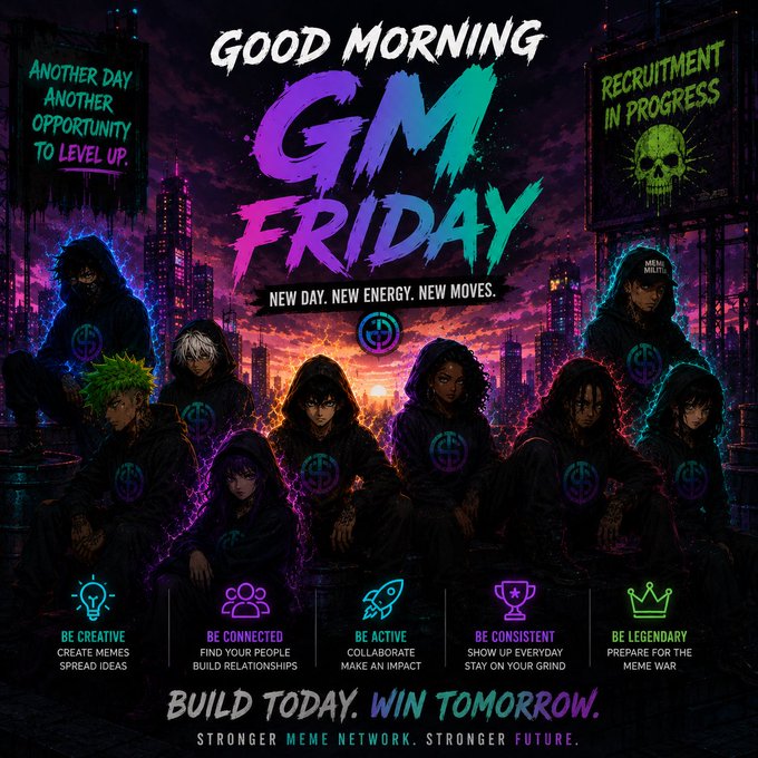 A vibrant, anime-style promotional graphic for a 'GM FRIDAY' meme network event, featuring a group of hooded characters, the phrase 'BUILD TODAY. WIN TOMORROW.', and principles like 'BE CREATIVE', 'BE CONNECTED', 'BE ACTIVE', 'BE CONSISTENT', and 'BE LEGENDARY'.