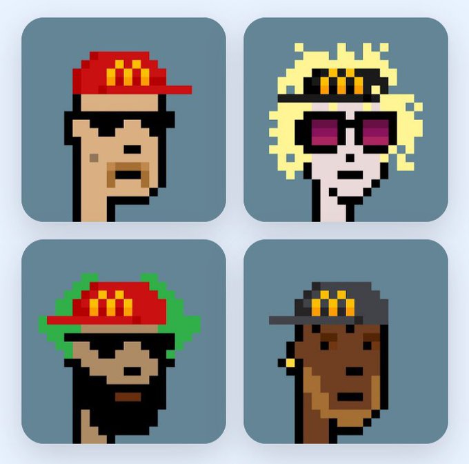 Four pixel-art NFT profile pictures of characters wearing red McDonald's-themed hats, including one styled after Beavis and Butt-Head.