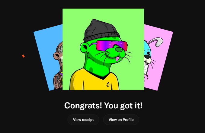 A digital notification screen reading 'Congrats! You got it!' displaying three cartoon-style NFT cards featuring animal characters, including a green lion in the center, with 'View receipt' and 'View on Profile' buttons.