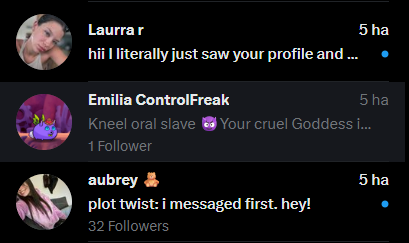 Social media notifications showing messages from 'Laurra r', 'Emilia ControlFreak' (1 Follower), and 'aubrey' (32 Followers), all received 5 hours ago.