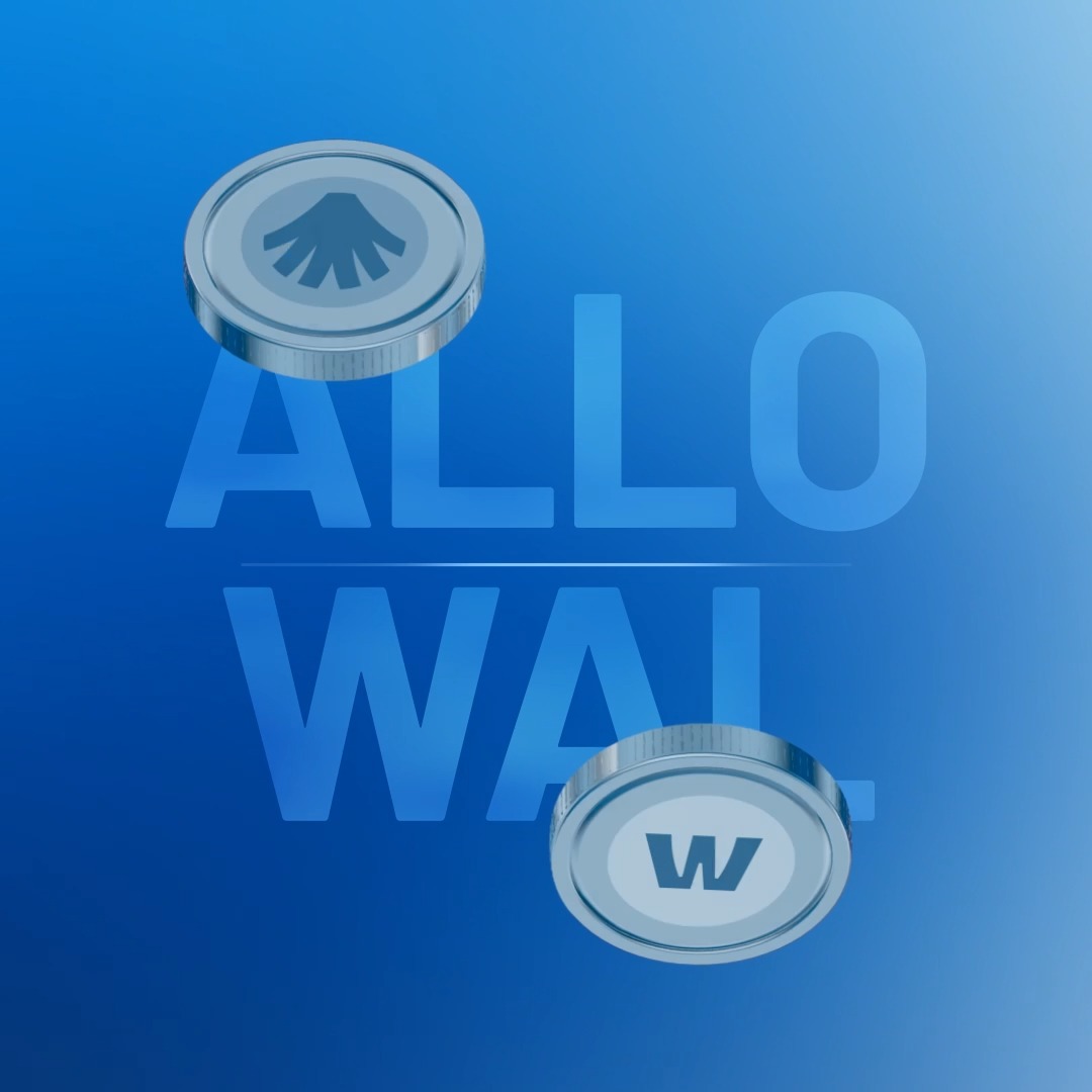 The image features a blue background with two silver coins floating above it. The text "ALLO" and "WAL" are written below the coins, indicating that these coins are related to cryptocurrency trading. The coins are labeled as "ALLO" and "WAL", which could be referring to Allora (ALLO) and Walrus (WAL). The image also includes a post about trading with Turkish Lira and Tether (USDT), suggesting that the coins might be used for transactions in this specific currency.