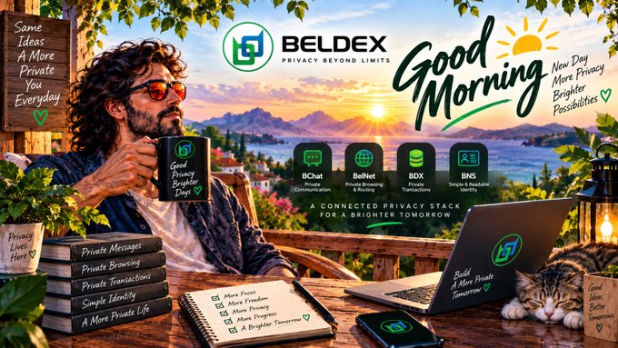 A promotional graphic for 'BELDEX' featuring a man holding a mug with a 'Good Privacy Brighter Days' message, alongside a connected privacy stack including BChat, BelNet, BDX, and BNS, set against a sunset landscape.
