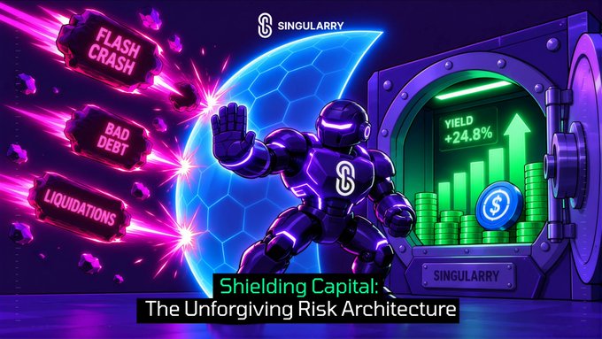 A futuristic promotional image for SINGULARITY showing an armored figure blocking pink projectiles labeled 'FLASH CRASH', 'BAD DEBT', and 'LIQUIDATIONS' with a shield, while a vault behind displays a rising green chart with 'YIELD +24.8%', captioned 'Shielding Capital: The Unforgiving Risk Architecture'.