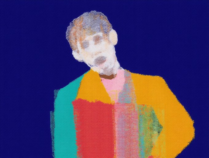 An abstract, painterly digital illustration of a figure with short hair and a distressed expression, wearing a garment of green, red, and yellow against a deep blue background.