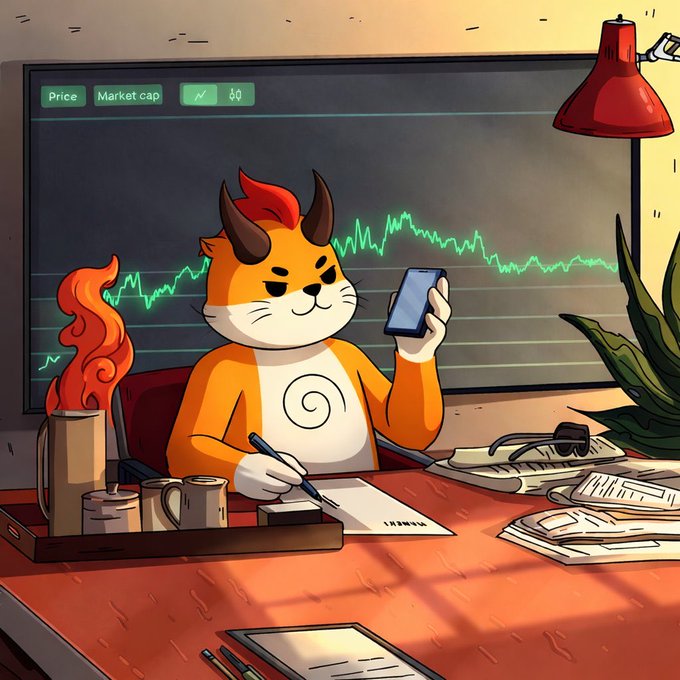 A cartoon orange devil-horned cat sits at a cluttered desk analyzing charts, holding a phone and pen, with a glowing green line graph and labels "Price" and "Market cap" visible on a screen behind it. The image evokes a trading or crypto market vibe, fitting the post's reference to "$BNB" as a "runner" (likely a trending asset), while the devilish, scheming cat character adds a humorous, mischievous tone to the bullish sentiment.