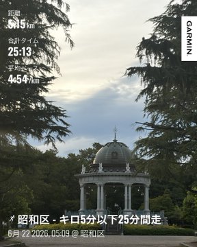 The image features a park with a large stone structure, possibly an old building or pavilion, surrounded by trees. The sky above appears cloudy, suggesting that it might be a cool day. In the background of the photo, there are some text elements such as "GARMINI" and "stepn".
