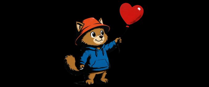 A cartoon illustration of a cute brown dog-like character wearing an orange hat and blue hoodie, holding a red heart balloon on a black background.