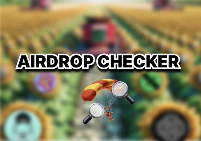 Bold white text reading "AIRDROP CHECKER" overlays a blurred farm scene, accompanied by a parachuting fox character with magnifying glasses, visually highlighting the post's curation of new airdrop verification platforms.