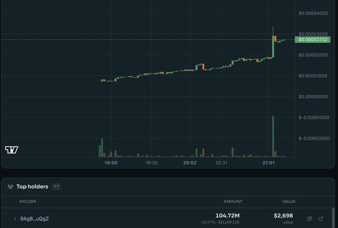 A cryptocurrency price chart on a trading platform displaying an upward trend around $0.00002732, with a 'Top holders' section below showing a holder with 104.72M tokens.