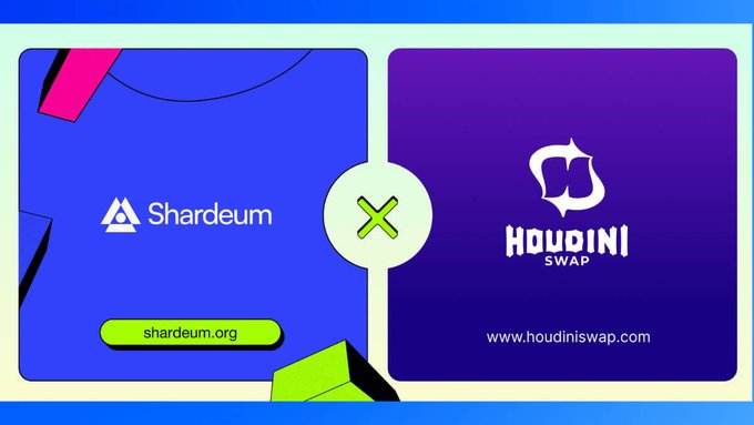 A promotional graphic features two side-by-side panels: a blue panel on the left for 'Shardeum' (shardeum.org) and a purple panel on the right for 'HOUDINI SWAP' (www.houdiniswap.com), connected by a central circle with an 'X'.