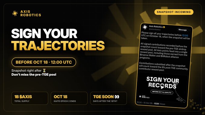 A promotional graphic from Axis Robotics announcing 'SIGN YOUR TRAJECTORIES' before October 18 at 12:00 UTC, highlighting 1B $AXIS total supply and Kaito Epoch 2 ending on Oct 18.