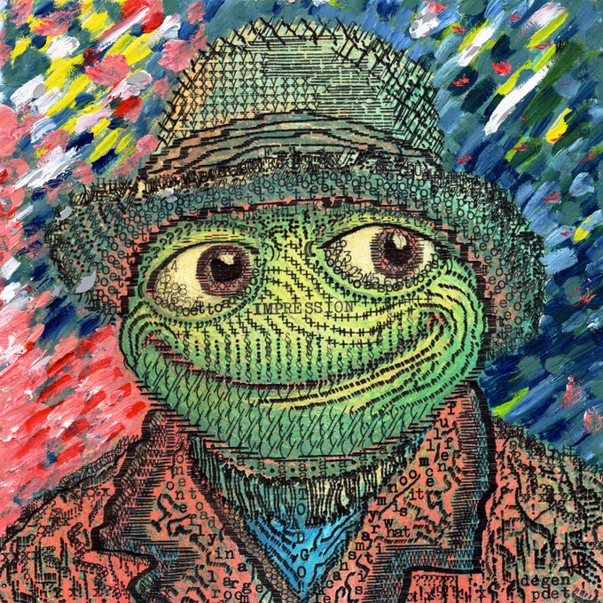 A colorful pop-art style painting of a green frog character whose face and body are composed of printed text, including the word 'IMPRESSION', against a vibrant multicolored background signed 'degen pdet' in the corner.