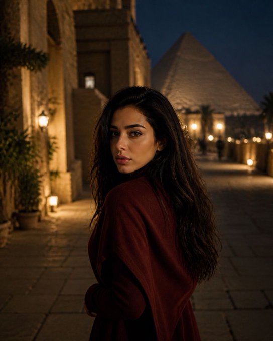 A young woman with long dark wavy hair, wearing a red robe-like garment, poses against a backdrop of ancient Egyptian pyramids at night.