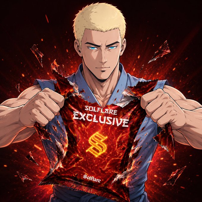 An anime-style muscular blonde man tearing open his blue vest to reveal a glowing fiery chest with the text 'SOLFLARE EXCLUSIVE' and a logo, with 'Solflare' at the bottom.