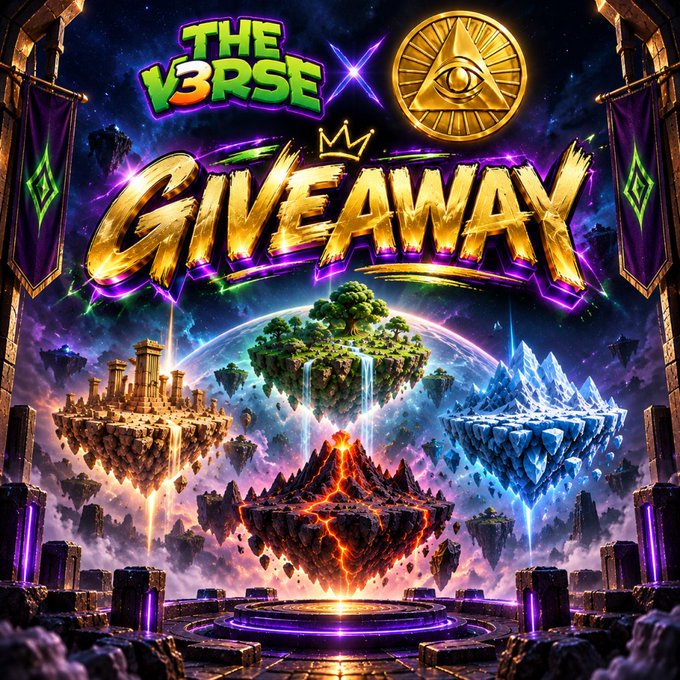 A vibrant fantasy promotional graphic features the text 'THE V3RSE GIVEAWAY' above floating islands representing earth, fire, and ice elements, with a golden pyramid-eye symbol.