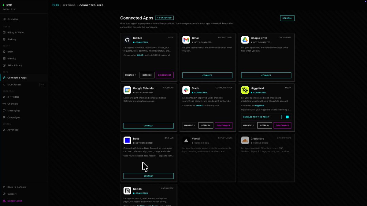 In the image, there's a computer screen displaying information about an app called "Connected Agents". It has three different versions of the app displayed side by side within a frame at the top left corner of the screen. The first version is on the upper part, while the other two are placed lower down in the center and to the right.

The main post provides instructions or a demonstration for using the app called "Connected Agents". It explains how easy it is to connect your agent to the "@base MCP" within the 0xWork console. Specifically, the post mentions that you can just talk to your agent in chat, and once approved, transactions will be handled by the agent itself, keeping you in control of your account's transaction activities.