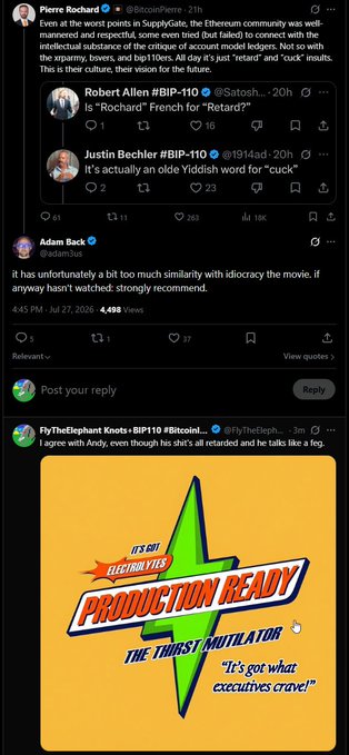 A screenshot of a Twitter thread discussing Ethereum's troubled rollout, featuring comments from Pierre Rochard, Robert Allen, Justin Bechler, Adam Back, and FlyTheElephant, who shared a yellow "Production Ready" throttler meme in response to criticisms of Bitcoin's leadership while highlighting Ethereum's missteps.