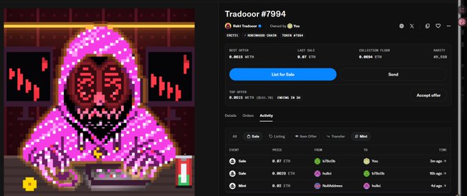 A pixel art NFT listing on a marketplace shows a figure in a pink hazmat suit with red face details trading at 0.0815 WSTH, titled 'Tradooor #17994' by 'Ruki Tradooor'.