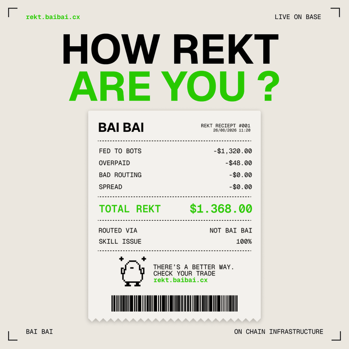 A digital receipt-style graphic titled 'HOW REKT ARE YOU?' from 'rekt.baibai.cx' lists losses including 'FED TO BOTS -$1,320.00' and a 'TOTAL REKT $1.368.00' with a '100%' skill issue.
