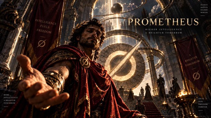 A cinematic poster titled 'PROMETHEUS' with the tagline 'HIGHER INTELLIGENCE A BRIGHTER TOMORROW,' featuring a bearded man in a red robe reaching forward amid grand architecture and banners reading 'INTELLIGENCE FUELS FREEDOM' and 'A BRIGHTER TOMORROW.'
