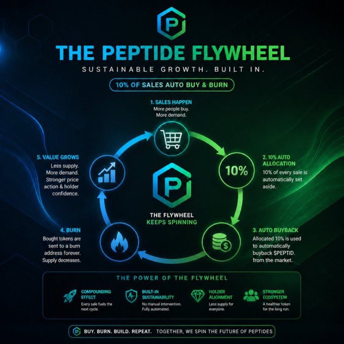 An infographic titled 'THE PEPTIDE FLYWHEEL' illustrating a five-step sustainable growth model: 1. Sales Happen, 2. 10% Auto Allocation, 3. Auto Buyback, 4. Burn, and 5. Value Grows, with a central P logo and the tagline 'BUY. BURN. BUILD. REPEAT. TOGETHER, WE SPIN THE FUTURE OF PEPTIDES.'